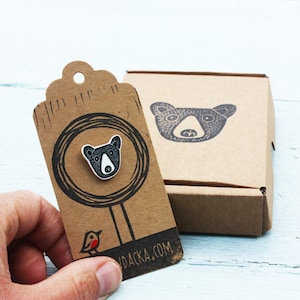 bear pin -bear badge - jewelry - bear jewellery - bear pin - linocut - Kat Lendacka - animal pin - shrink plastic