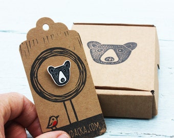 bear pin -bear badge - jewelry - bear jewellery - bear pin - linocut - Kat Lendacka - animal pin - shrink plastic