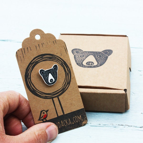 bear pin -bear badge - jewelry - bear jewellery - bear pin - linocut - Kat Lendacka - animal pin - shrink plastic