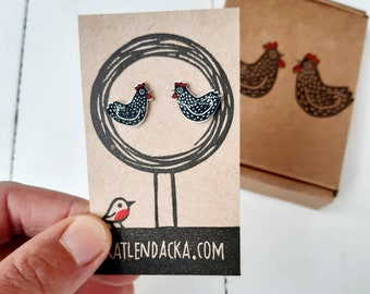 Chicken earrings, Chicken Jewelry, Chicken jewellery, Hen earrings, Linocut, Kat Lendacka, Shrink Plastic