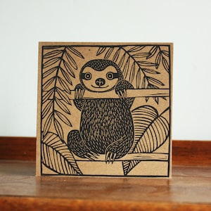 Sloth Linocut Print, Sloth Greeting Card, Hand Printed Linocut Card, Brown Kraft Card, Kat Lendacka, Free Postage