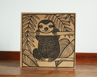 Sloth Linocut Print, Sloth Greeting Card, Hand Printed Linocut Card, Brown Kraft Card, Kat Lendacka, Free Postage