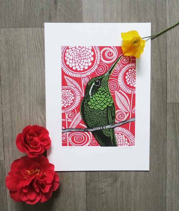 Hummingbird Linocut Print, Hand Printed Signed Open Edition, Kat Lendacka