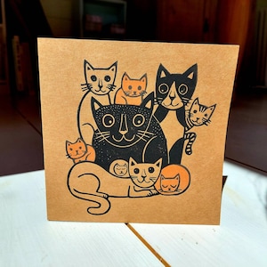 Cats Linocut Print, Cats Linocut Print Card, Cat Linoprint, Hand Printed, Kat Lendacka, Free Postage in UK