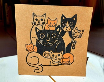 Cats Linocut Print, Cats Linocut Print Card, Cat Linoprint, Hand Printed, Kat Lendacka, Free Postage in UK