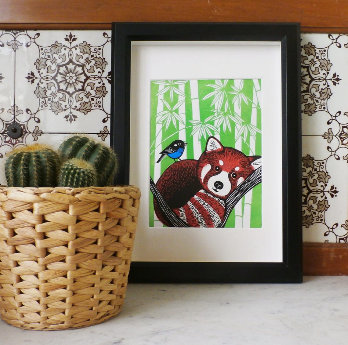 Linocut Print Red Panda and Bird Kat Lendacka Animal Etsy
