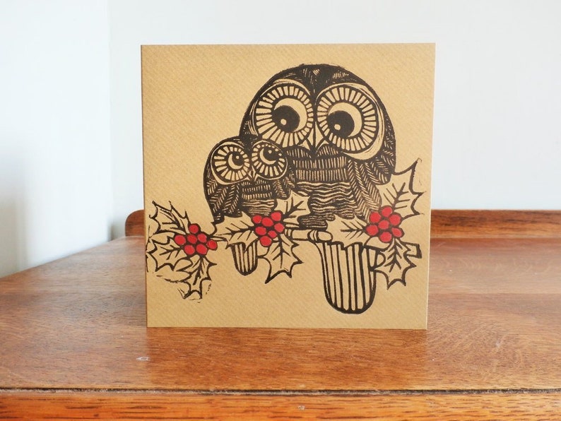 christmas linocut card owls in holy hand printed card Kat Lendacka blank greeting card brown kraft card freepostage in UK image 1