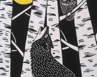 Wolf and Owl Linocut Print, Mothers Day Gift, Original Linocut Print, Kat Lendacka, Signed Open Edition, Free Postage, Printmaking