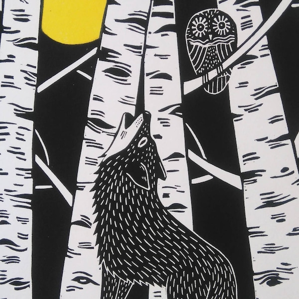 Wolf and Owl Linocut Print, Mothers Day Gift, Original Linocut Print, Kat Lendacka, Signed Open Edition, Free Postage, Printmaking