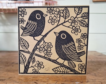 Impression linogravure merles, carte linogravure merles, Saint-Valentin, impression linogravure merles, Kat Lendacka