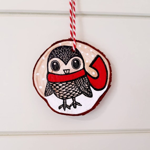 Owl christmas tree decoration - Christmas ornament - hand printed - handmade - linocut - wooden slice - kat lendacka - free postage in uk