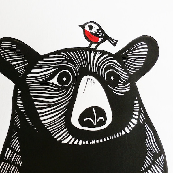 Bear and Robin, Original Linocut Print, Signed Limited Edition of 50,  Free Postage in UK, Hand Pulled, Printmaking,