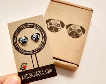 Pug Earrings, Pug Jewelry, Dog Jewellery, Handmade Jewelry, Shrink Plastic Earrings, Kat Lendacka, Dog Earrings