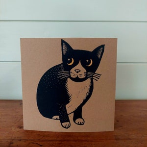 Schwarze Katze, Original handgedruckte Karte, Linolschnitt Karte, Blanko Grußkarte, braune Kraft Karte, Versandkostenfrei in UK,