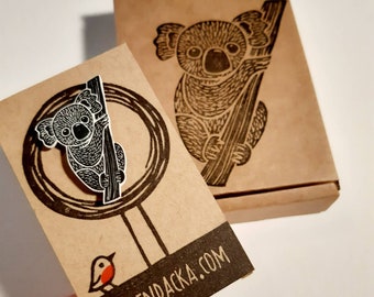 Koala pin - koala badge - jewelry - koala jewellery - linocut - koala pin - Kat Lendacka - animal earrings - shrink plastic