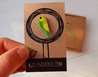 Budgie Pin, Budgie Badge, Green And Yellow Budgie, Budgie Jewelry, Shrink Plastic Pin, Bird Jewelry, Linocut Pin, Kat Lendacka