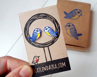 Bluetits Earrings, Bluetit jewelry, Bird Earrings, Shrink Plastic Earrings, Kat Lendacka, Bluetits Gift