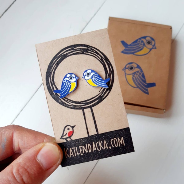 Bluetit earrings, Bluetit Jewelry, Shrink Plastic Earrings, Kat Lendacka