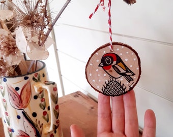 Goldfinch tree decoration - Christmas ornament - hand printed - handmade - linocut - wooden slice - kat lendacka - free postage in uk