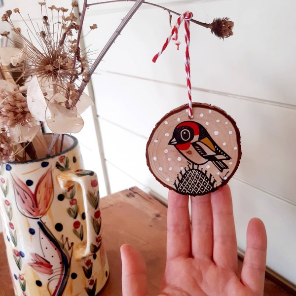 Goldfinch tree decoration - Christmas ornament - hand printed - handmade - linocut - wooden slice - kat lendacka - free postage in uk