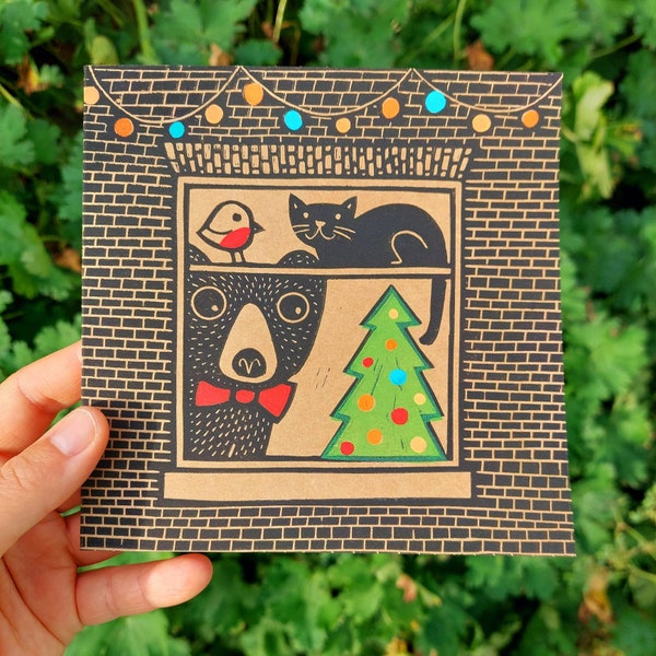 Christmas Linocut Print, Bear and Cat Linocut Print Card, Bear Linoprint, Hand Printed, Kat Lendacka, Free Postage in UK