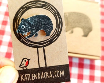 Wombat pin, wombat badge, jewelry, wombat jewellery, linocut, Kat Lendacka, shrink plastic, block print, linoprint