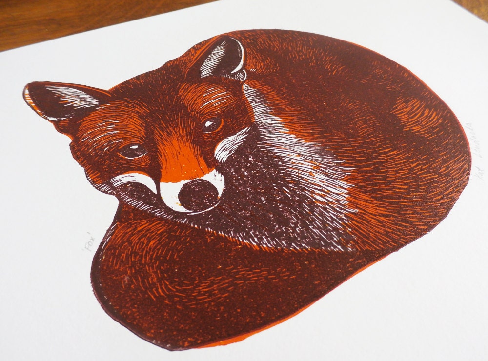 Fox linocut print 2 color linocut animal linocut print Etsy