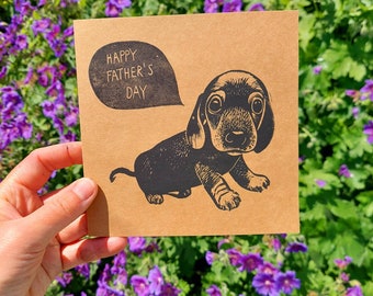 Sausage Dog, Animal linocut card, Original Hand Printed Card, Fathers Day Card, Brown Kraft Card, Free Postage in UK,