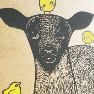 May include: A black and white illustration of a deer with three yellow birds perched on its head. The deer has a sweet expression and is looking directly at the viewer.