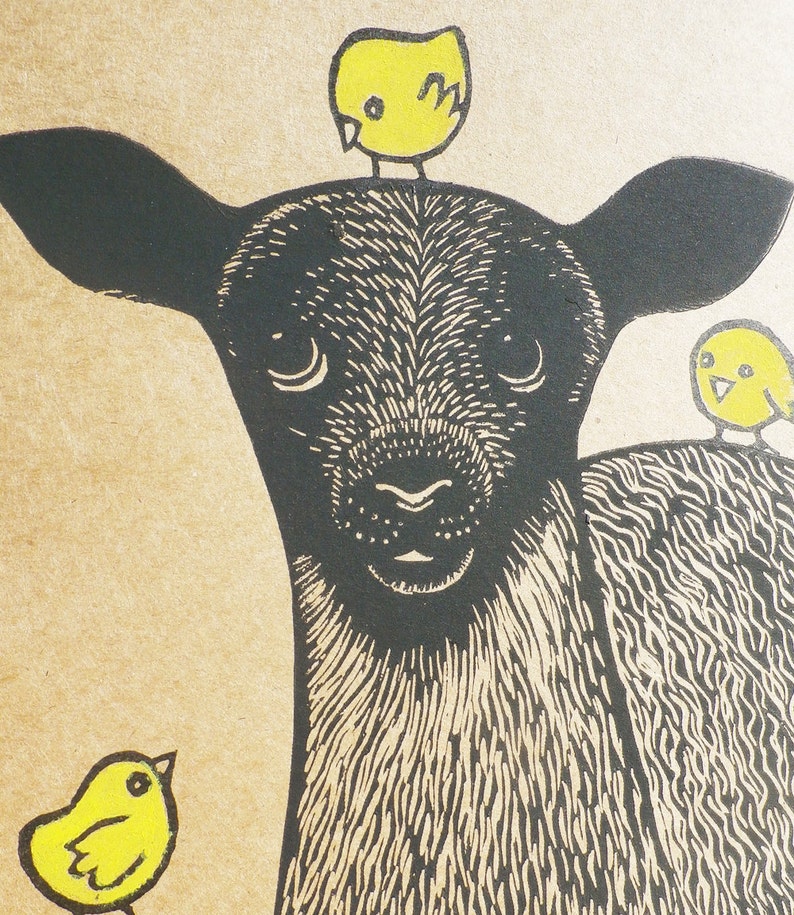 May include: A black and white illustration of a deer with three yellow birds perched on its head. The deer has a sweet expression and is looking directly at the viewer.