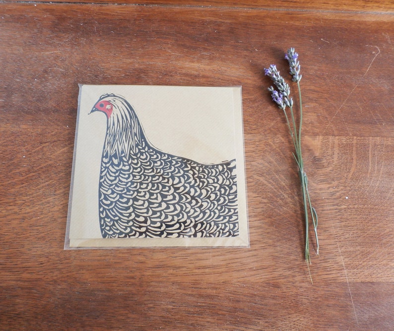 Hen Linocut Print, Chicken Linocut Print Card, Chicken Linoprint, Hand Printed, Kat Lendacka, Free Postage in UK image 4