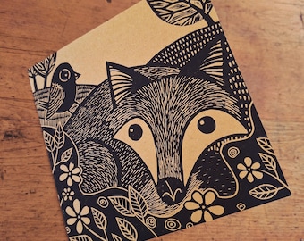 Fox Linocut Card, Fox Linocut Print Card, Fox Linoprint, Hand Printed, Kat Lendacka, Free Postage in UK