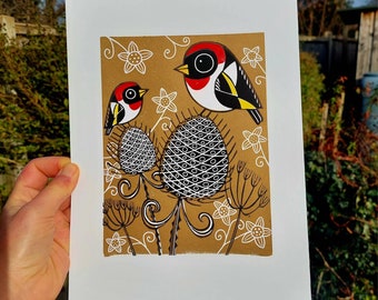 Goldfinches Linocut Print, Handprinted Linocut, Signed OPen Edition, Kat Lendacka, Free Postage