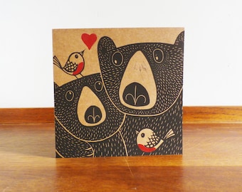Bears and Robins in Love, Valentines Day Card, Original Hand Printed Card, Linocut Card, Greeting Card, Brown Card, Free Postage in UK,