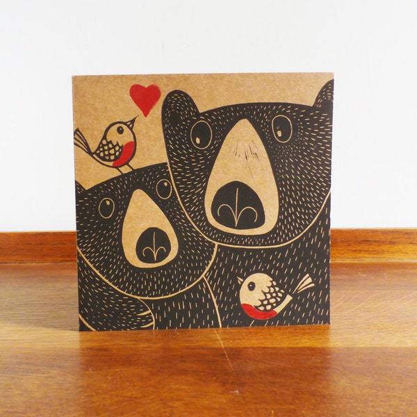 Bears and Robins in Love, Valentines Day Card, Original Hand Printed Card, Linocut Card, Greeting Card, Brown Card, Free Postage in UK,