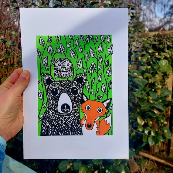 Bear, Fox and Owl Linocut Print, bear linocut, Printed Signed Open Edition, Kat Lendacka
