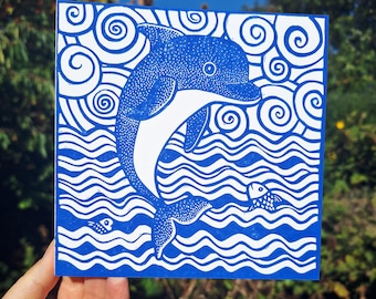 Dolphin Linocut Card, Hand Printed Ocean Art