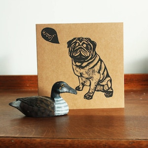 Mops Linolschnitt Druck, Mops Linolschnitt Grußkarte, Hund Grußkarte, handbedruckt Linolschnitt, Kat Lendacka, kostenlose Porto