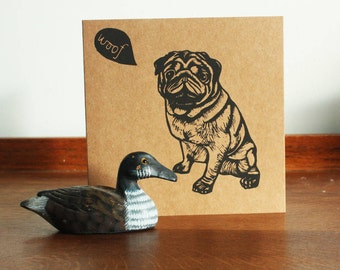 Pug Linocut Print, Pug Linocut Greeting Card, Dog Greeting Card, Handprinted Linocut, Kat Lendacka, Free Postage