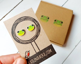 Frog earrings - frog jewelry - frog jewellery - linocut - Kat Lendacka - animal earrings - shrink plastic