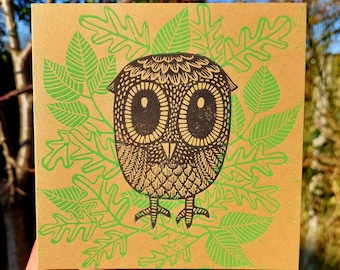 Owlet Linocut Card – Handmade Owl Linoprint, Blank Greeting Card