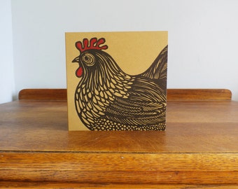 cockerel linocut card - hand printed card - Kat Lendacka - linocut card - blank greeting card - brown kraft card - free postage in UK