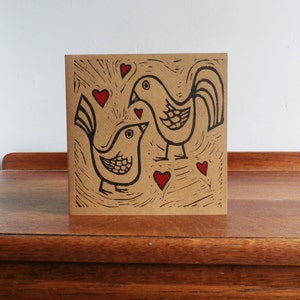 Liebe Vögel, Valentinstag Karte, Original Handgedruckte Karte, Linolschnitt Karte, Blanko Grußkarte, Braune Kraft Karte, Versandkostenfrei in UK,