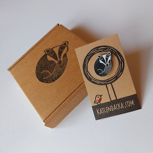 Badger pin - sleeping badger badge - animal linocut pin - jewelry - badger jewellery - linocut - Kat Lendacka - shrink plastic
