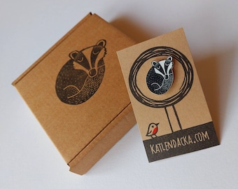 Badger pin - sleeping badger badge - animal linocut pin - jewelry - badger jewellery - linocut - Kat Lendacka - shrink plastic