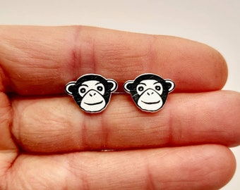 Chimpanzee earrings - chimpanzee jewelry - monkey jewellery - linocut - Kat Lendacka - animal earrings - shrink plastic
