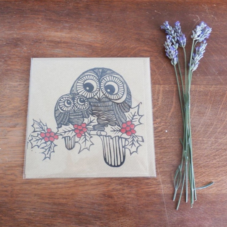 christmas linocut card owls in holy hand printed card Kat Lendacka blank greeting card brown kraft card freepostage in UK image 2