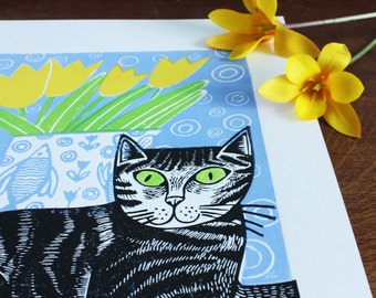 Cat Linocut Print, Handprinted Linocut, Signed OPen Edition, Kat Lendacka, Free Postage