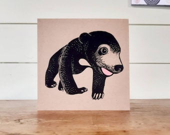 Sun Bear Linocut Print, Bear Linocut Card, Hand Printed, Bear Linocut Print Card, Kat Lendacka, Free Postage in UK,