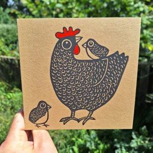 Carte de voeux avec impression linogravure de poulet, impression linogravure à la main, Kat Lendacka